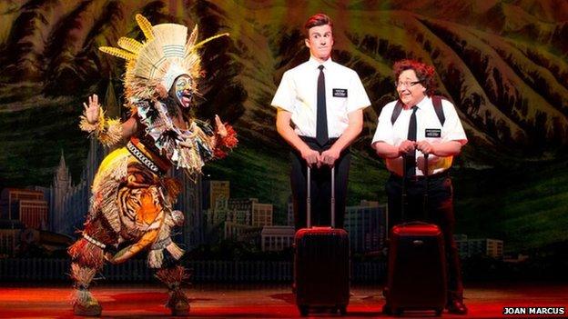 Gavin Creel (Elder Price) and Jared Gertner (Elder Cunningham) in The Book of Mormon. Photo by Joan Marcus