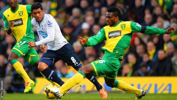 Joseph Yobo tackles Paulinho during Norwich's Premier League match with Tottenham.