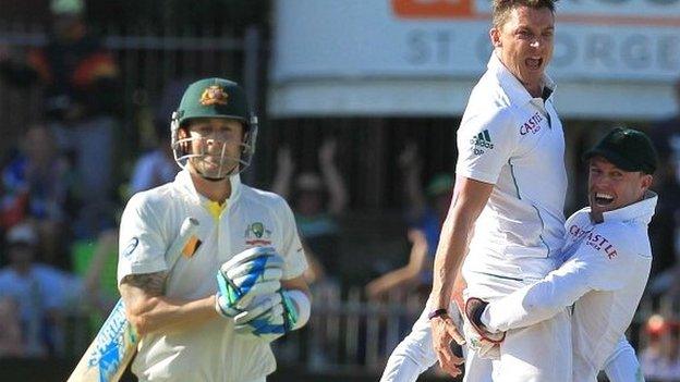 Dale Steyn celebrates the wicket of Australia captain Michael Clarke