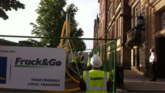 The drilling rig outside the headquarters of Lancashire County Council in Preston