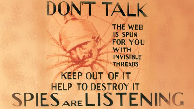 Spy paranoia in WW1: A US Army poster warning of the danger of enemy spies, c 1917