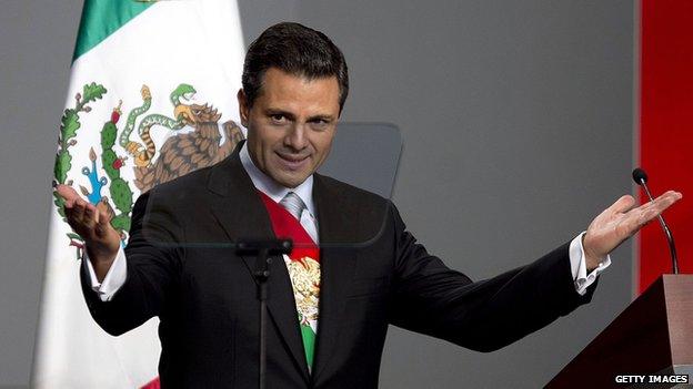 Newly-sworn in Mexican President Enrique Pena Nieto delivers his first speech as head of state at the National Palace in Mexico City on 1 December, 2012