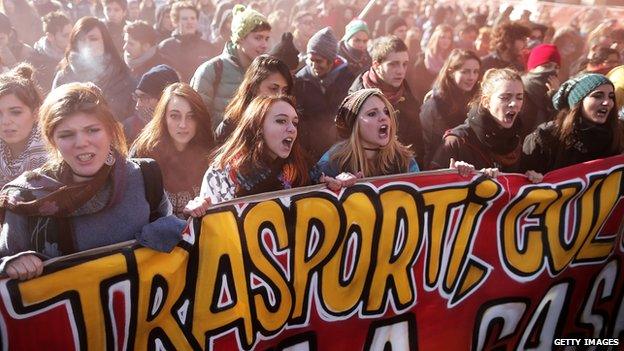 Students in an anti-austerity protest in Turin, 14 December 2013