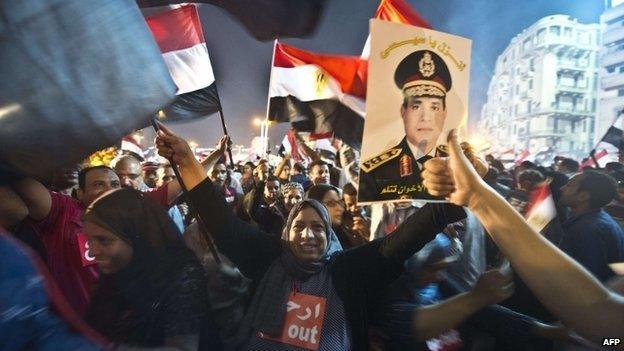 People celebrate in Cairo's Tahrir Square with a portrait of Abdul Fattah al-Sisi after the overthrow of President Mohammed Morsi on 3 July 2013