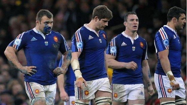 France players look dejected during their defeat by Wales in Cardiff