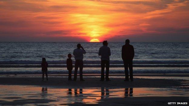 Five people standing on a beach at sunset