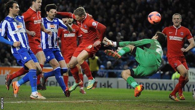 Simon Church heads the winner for Charlton against Sheffield Wednesday