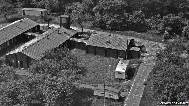 Decontamination annexe, the third building on the right joined to two other hospital buildings, seen in 1950