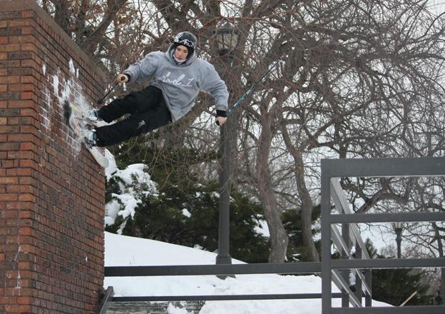 Logan Imlach skiing a wall ride in St Paul, Minneapolis