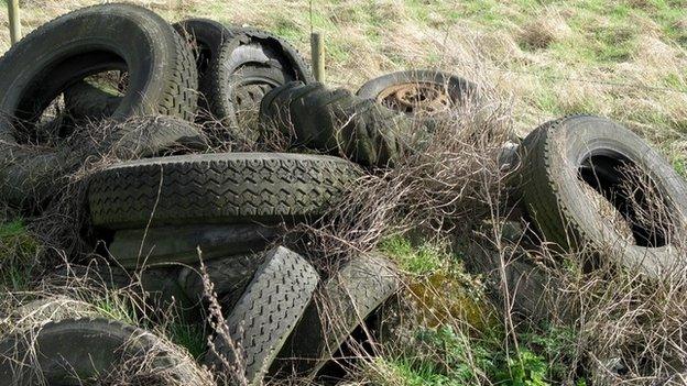 Tyres in a field in Rainham, Essex