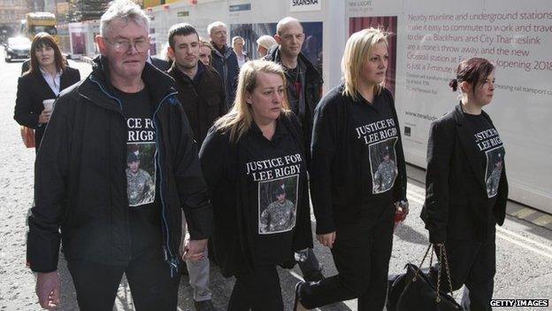 Lee Rigby's stepfather Ian Rigby, his mother Lyn Rigby, and his sisters, Sara McClure and Chelsea Rigby, arrive at the Old Bailey