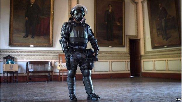 Riot police display gear in Rio de Janeiro