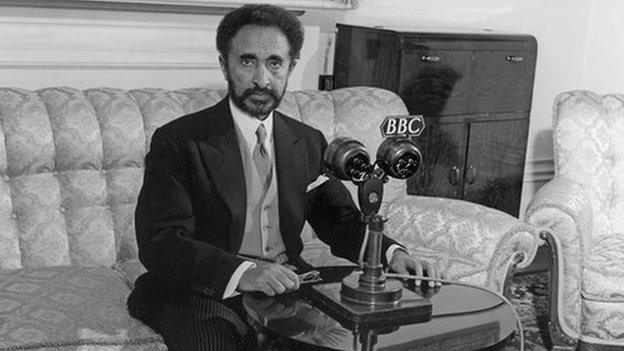 Haile Selassie, Emperor of Ethiopia, making a radio broadcast in 1954