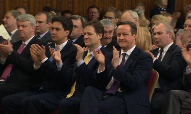 David Cameron with Ed Miliband and Nick Clegg