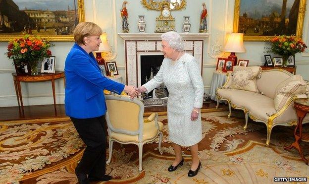 The Queen, right, welcomes Angela Merkel to Buckingham Palace