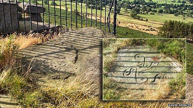 The 'Swastika Stone' at Woodhouse Crag above Ilkley and overlooking Wharfe Valley