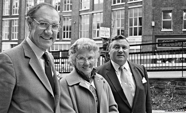 Charles Oxley, Mary Whitehouse and Conservative politician Geoffrey Dickens London, 14 November 1984