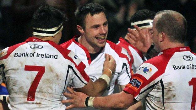 Tommy Bowe is congratulated after scoring his first try in Friday's Ulster win