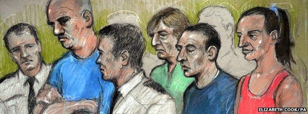 An artist"s impression of Gary Stretch (2nd left), Leslie Layton (5th left), Robert Moore (centre) and Joanna Dennehy (right) in the dock at the Old Bailey, London