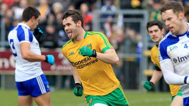 Odhran McNiallais shows his delight after scoring Donegal's first goal against Monaghan