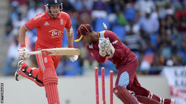 England's Tim Bresnan is run out in Antigua