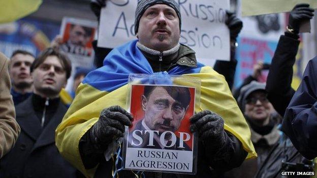 Protesters in New York demonstrate against the Russian action in Crimea, 2 Mar