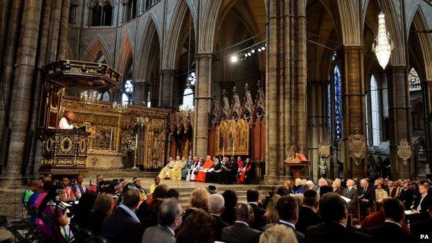 The Most Rev Tutu, the former Archbishop of Cape Town, addresses the congregation at Westminster Abbey