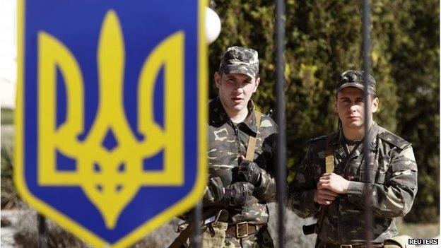 Ukrainian servicemen at their military unit located in the village of Lyubimovka, in Crimea, March 3