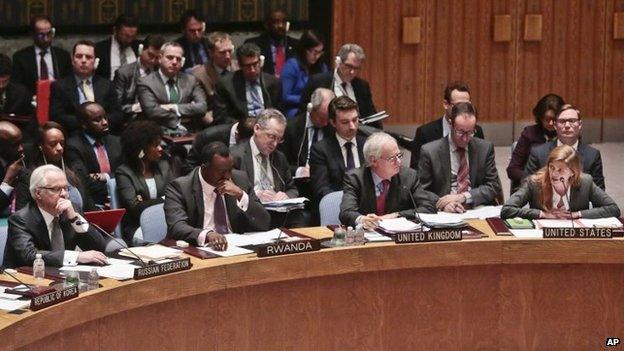 Vitaly Churkin (L) and Samantha Power (R) on March 3, 2014, at UN headquarters