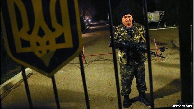 A Ukrainian soldier at the Belbek military base in Lubimovka on March 3, 2014