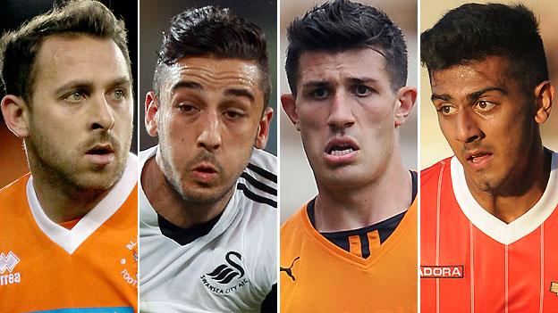 Blackpool striker Michael Chopra (left), Swansea left-back Neil Taylor (second left), Wolves centre-back Danny Batth (second right) and Walsall left-back Malvind Benning (right)