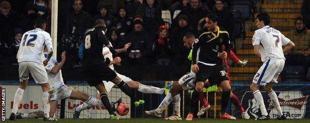 Oguchi Onyewu scores Sheffield Wednesday's second goal in their 2-1 FA Cup win at Rochdale