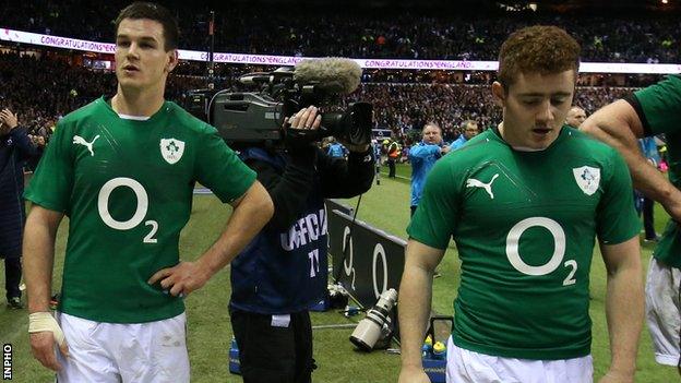 Paddy Jackson and Jonathan Sexton after Ireland's defeat by England