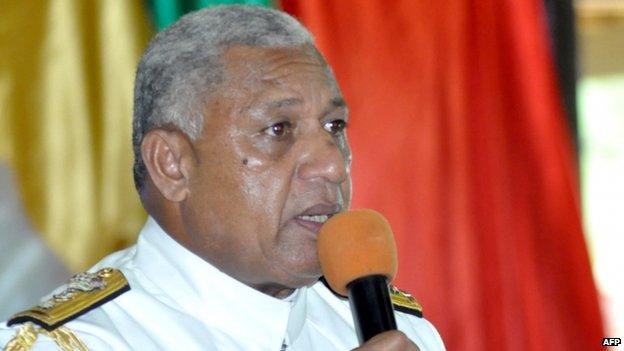Fiji strongman Frank Bainimarama speaks during a ceremony as he resigns as military chief, in Suva, 5 March 2014