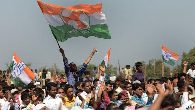 Members of the Congress party at a rally in Bardoli town, some 280 kms from Ahmedabad on February 8, 2014