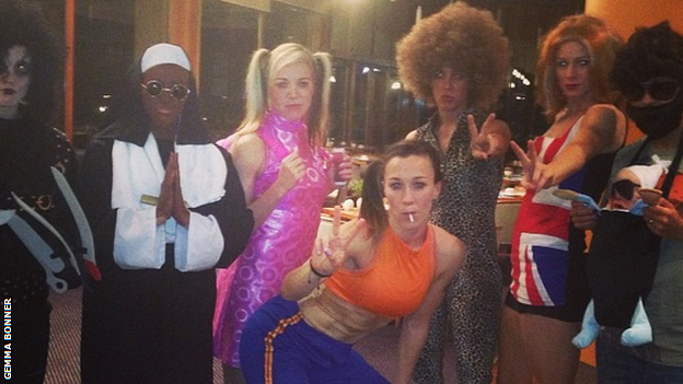 Toni Duggan, second left, with team-mates at the fancy dress party