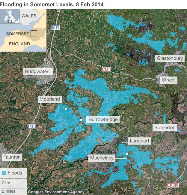 Graphic showing areas of the Somerset Levels that were underwater on 8 February 2014