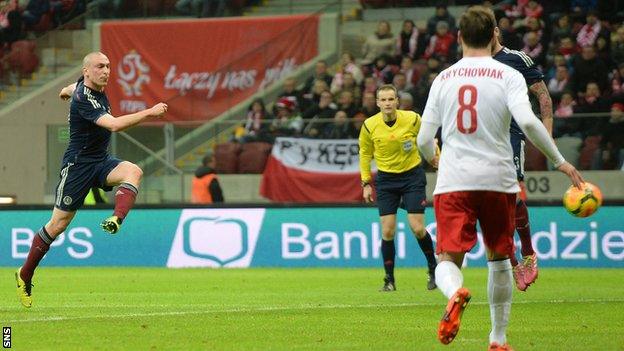 Scott Brown scores for Scotland against Poland