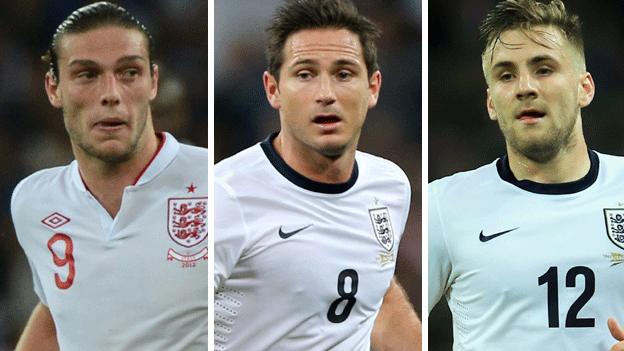 (left to right) Andy Carroll, Frank Lampard and Luke Shaw