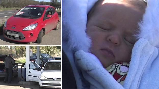 Composite photo of a Ford Ka, Alby Service Station and baby Mason Cox