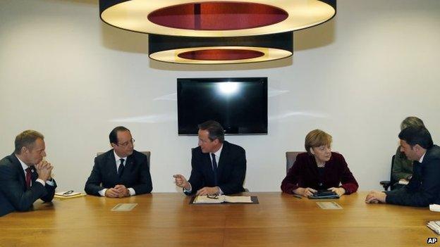 Polish Prime Minister Donald Tusk, French President Francois Hollande, British Prime Minister David Cameron, German Chancellor Angela Merkel and Italian Prime Minister Matteo Renzi