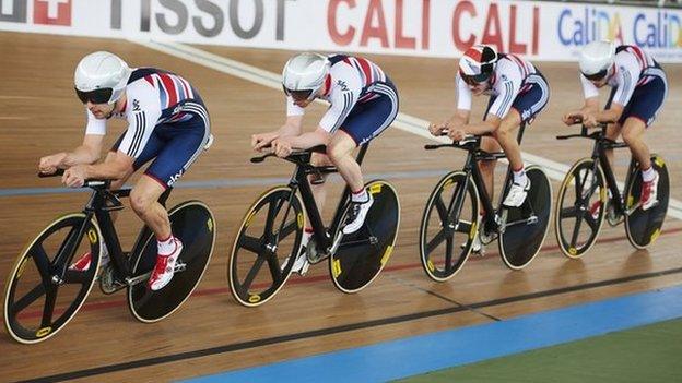 Owain Doull, followed by Ed Clancy, Sam Harrison and Jon Dibben in training