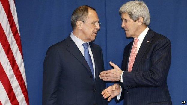 Secretary of State John Kerry talks with Russian Foreign Minister Sergey Lavrov during a meeting to discuss the Ukraine crisis 6 March 2014