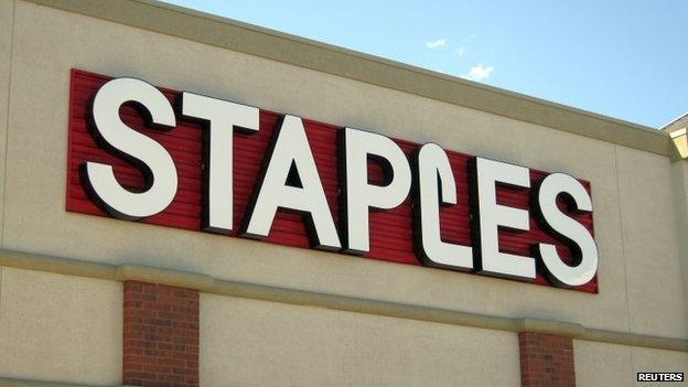 The sign outside of the Staples store is pictured in Broomfield, Colorado in this 17/08/11 file photo