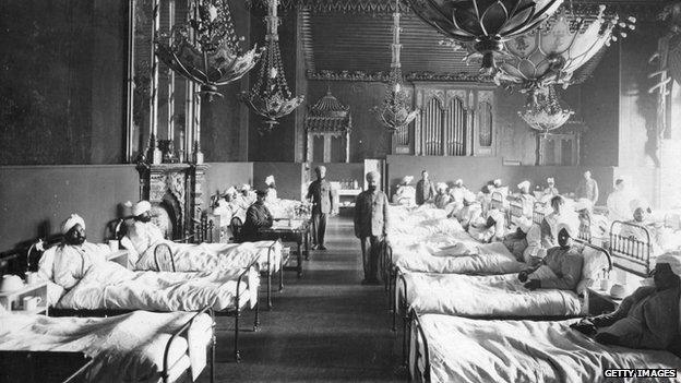 Injured Indian soldiers of the British Army at the Brighton Pavilion, converted into a military hospital