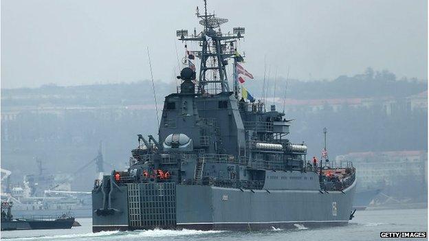 A Russian warship, part of a blockade of Ukrainian ships, is viewed in Sevastopol harbour