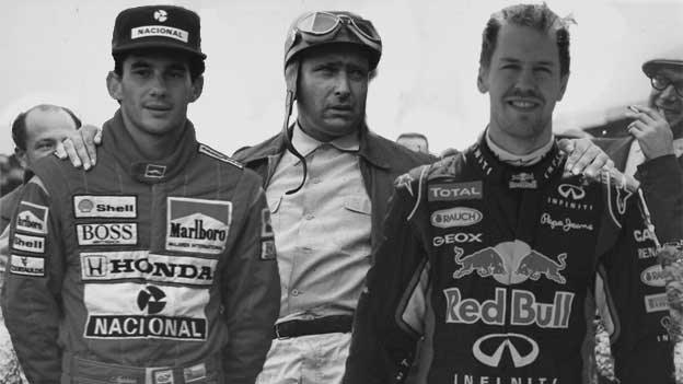 Ayrton Senna, Juan Manuel Fangio and Sebastian Vettel