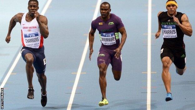 Britain's Dwain Chambers, Zimbabwe's Gabriel Mvumvure and Guyana's Adam Harris