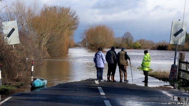 A flooded road close to the village of East Lyng, in Somerset