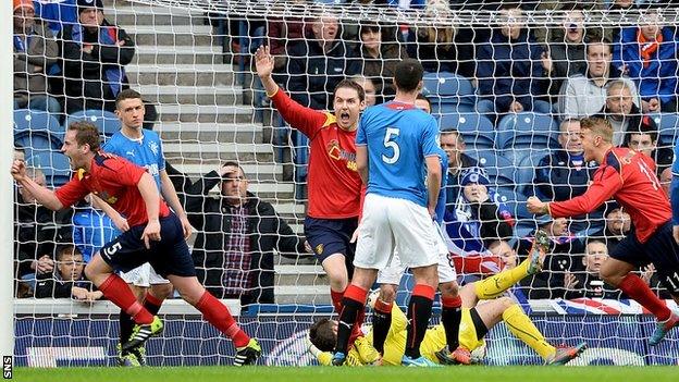 Ciaran Donnelly (left) wheels away in delight after putting Albion Rovers ahead against Rangers